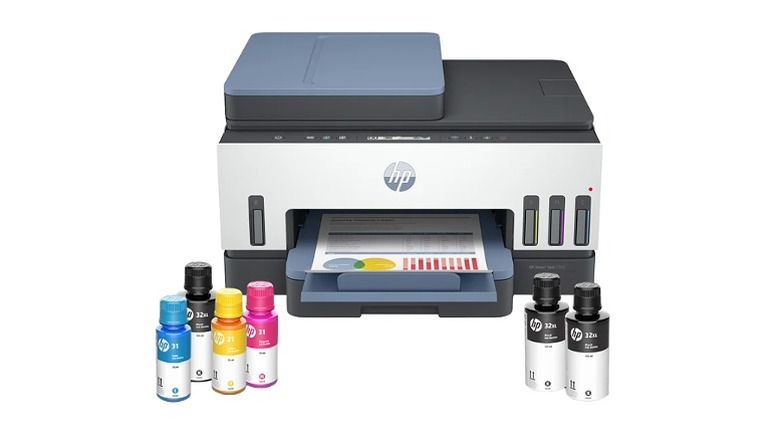 HP printer with colored and blank ink refill boxes on side