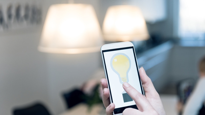Hands using a phone to control the lights in a house