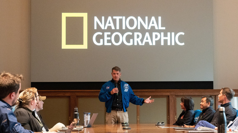 Astronaut Shane Kimbrough speaking with National Geographic leadership in 2022.