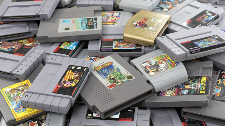 Retro game cartridges in a large pile