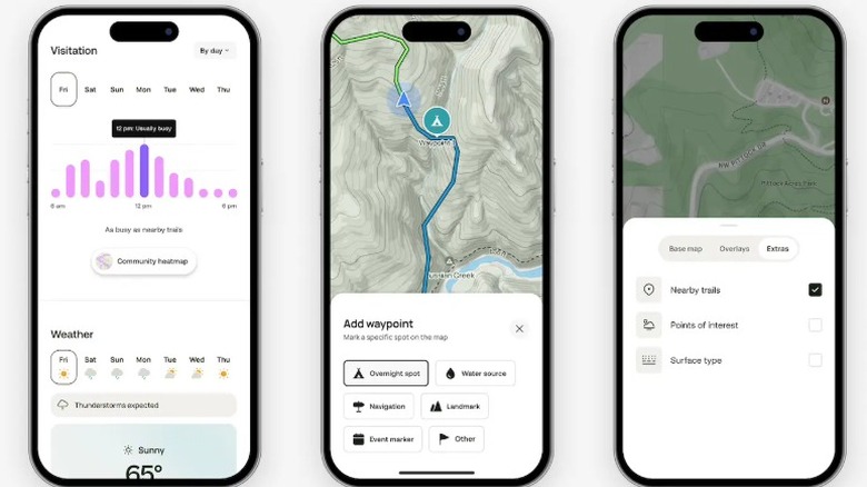 Screenshots of the AllTrails iPhone app showing trail data, waypoints, and weather conditions.