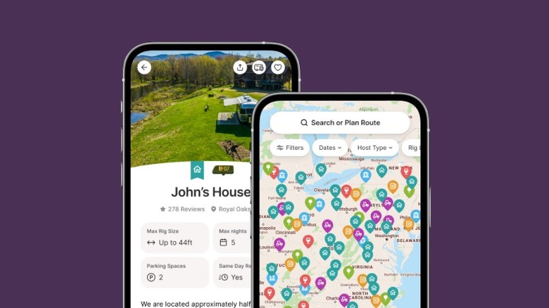 Screenshots of the Harvest Hosts iOS app that show a private campsite location and a map with multiple points of interests.