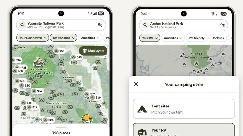 Screenshots of the Hipcamp Android app showing maps of national parks and filters for campsites.