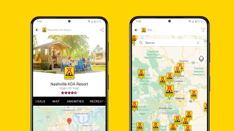 A pair of screenshots of the Android app KOA. The screenshots show an interactive map with KOA campgrounds and details on a Nashville Resort.