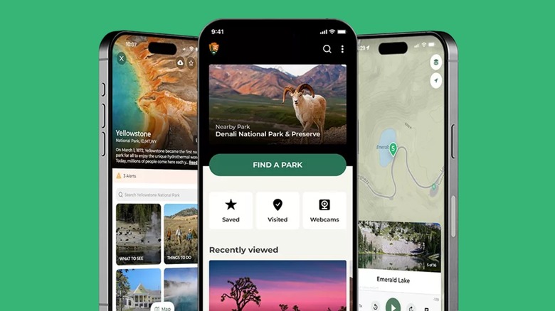 Screenshots of the National Park Service app showing maps and details about Yellowstone and the Denali National Park.