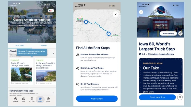 Screenshots of the Roadtrippers iOS app showing various stops, information about the IOWA 80, and suggested road trips.