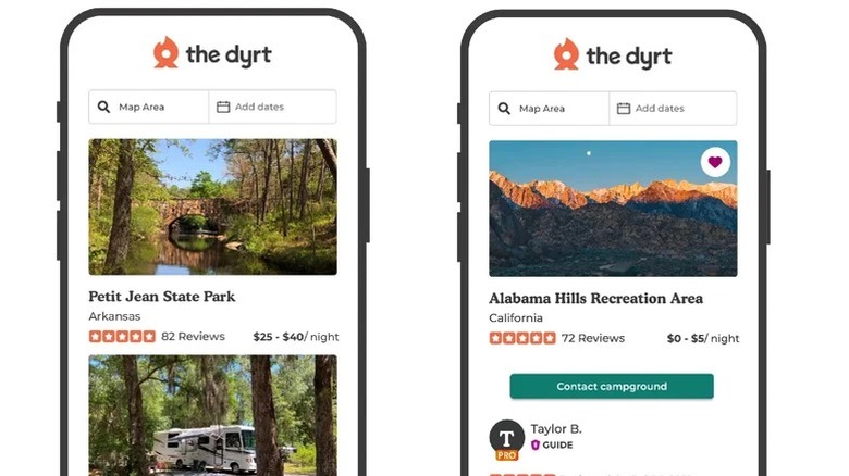A pair of screenshots of The Dyrt Android app. The screenshots show information and reviews about various national parks.