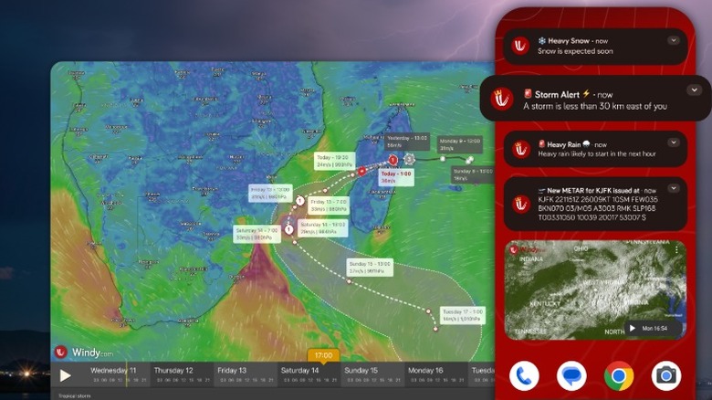 Screenshots of the Windy App showcasing notifications and a large interactive map with wind data.