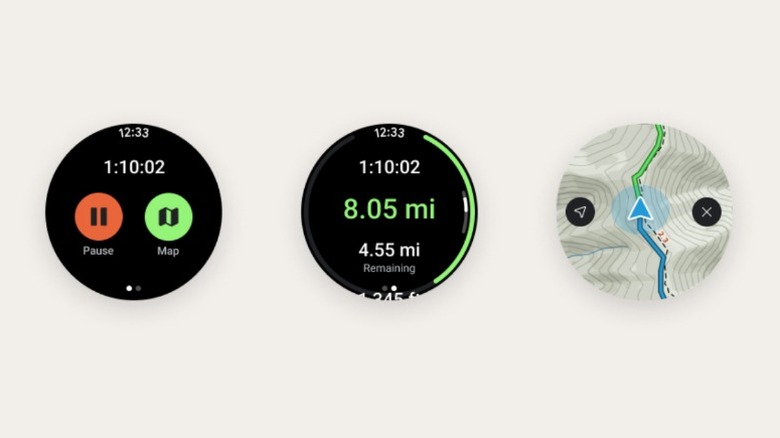 Screenshots of the AllTrails app on Wear OS, showing time, distance, elevation, and a map.