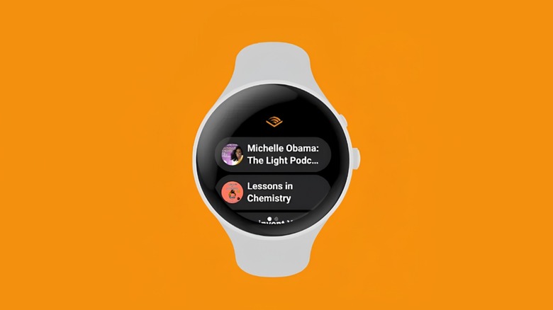 A screenshot of the Audible app on a Wear OS watch showing audiobooks in the Audible library.