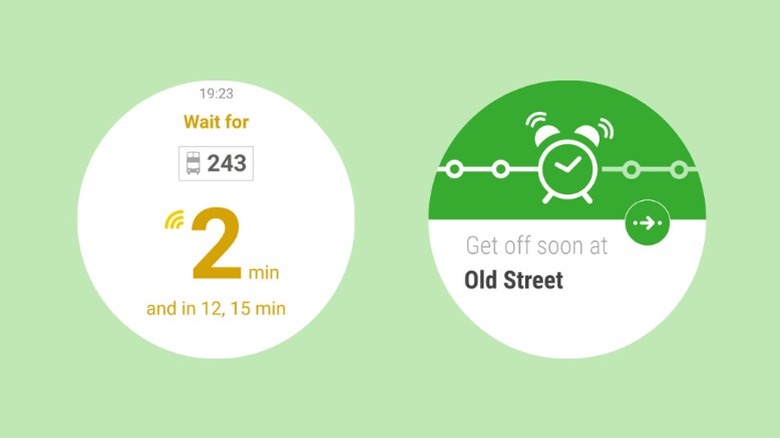 A pair of screenshots of the Citymapper app, showing time remaining in a trip and when to get off public transport.