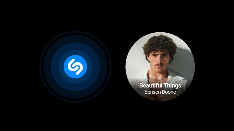 Screenshots of the Shazam app on Wear OS, a Shazam logo and an identified song called Beautiful Things.