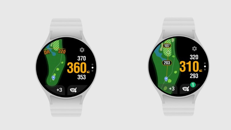 A pair of screenshots of the Smart Caddie Wear OS showing golf shot tracking.