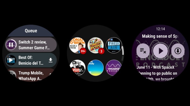 Screenshots of the Wear Casts Wear OS app, showing the queue, podcast thumbnails, and the podcast player.