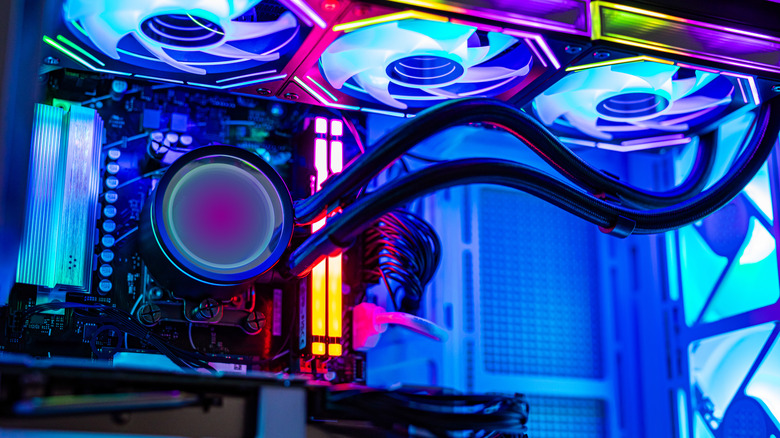 The inside of a gaming PC, with plenty of RGB inside.