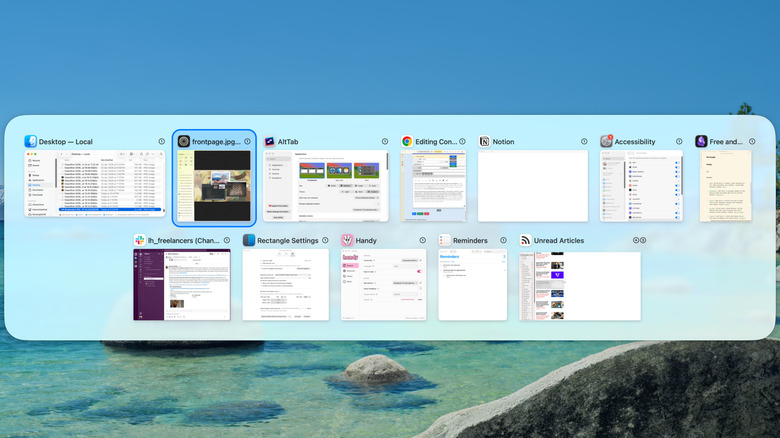 AltTab window switcher showing all open windows and apps together with thumbnail previews.