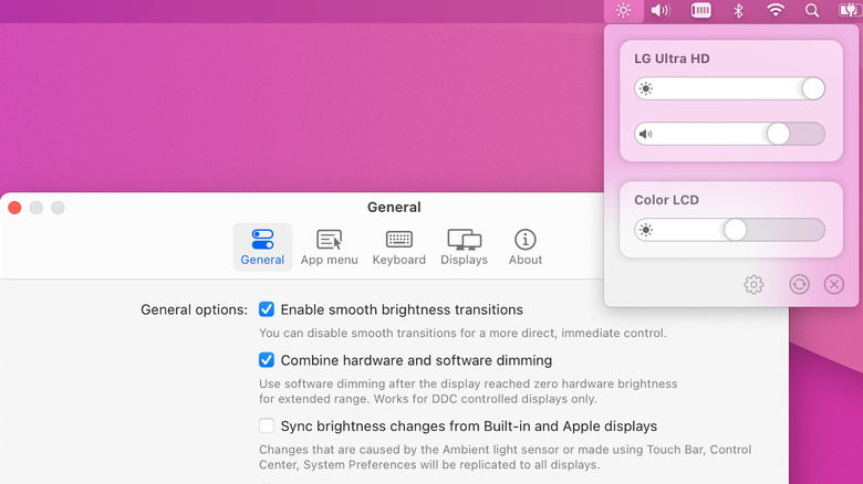 MonitorControl menu bar showing sliders for brightness and volume control for external monitors and displays.