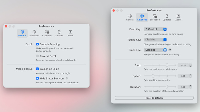 Mos mouse customization app showing toggles and advanced features.