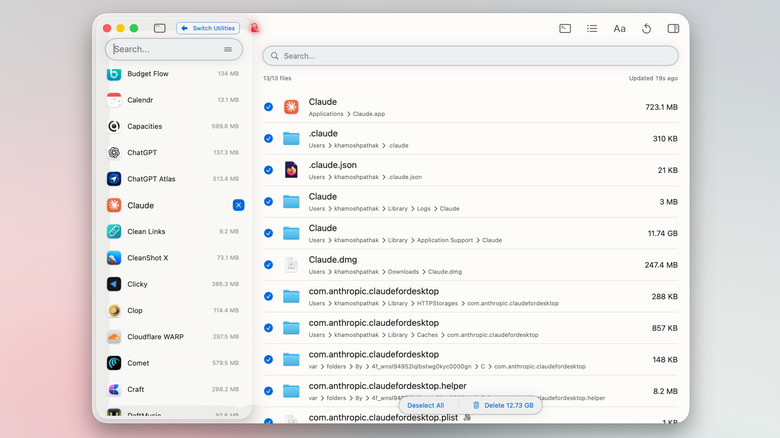PearCleaner showing all associated data files for an app across the file system.