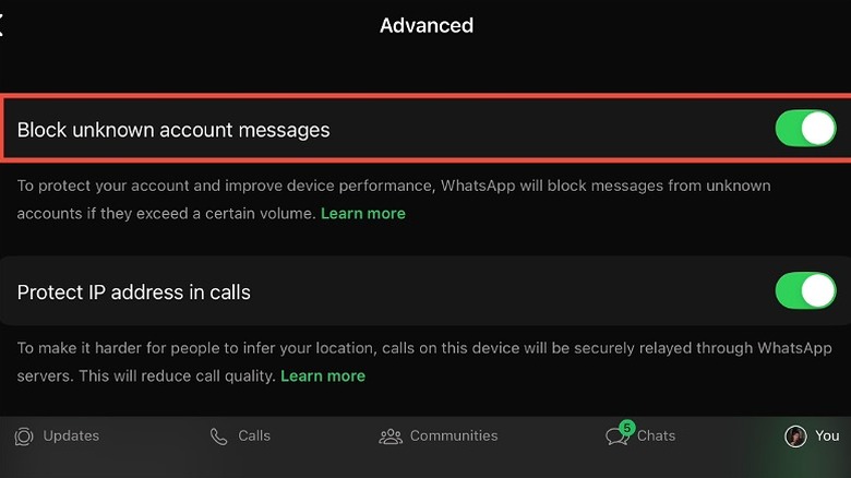 Block unknown account messages option enabled in Advanced menu
