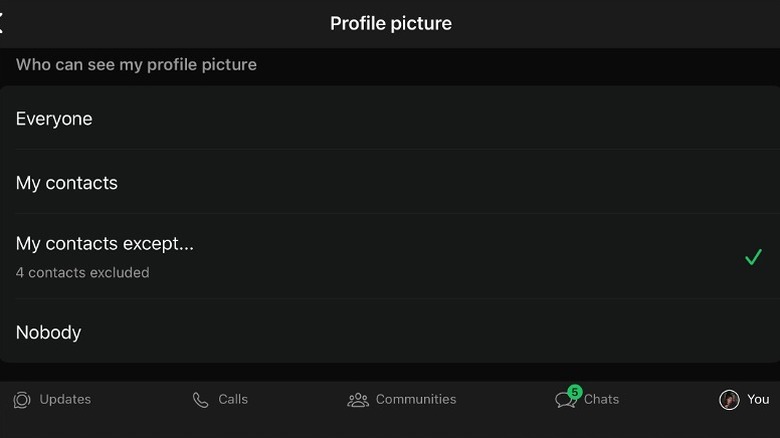 Profile picture privacy options on the screen