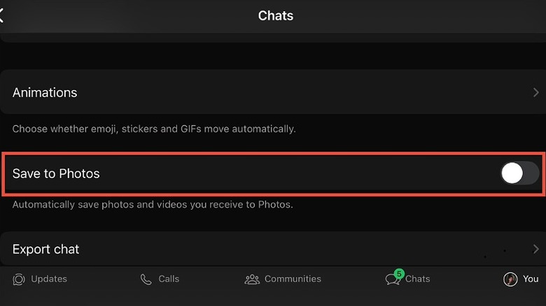 Save to Photos option disabled in the Chats section