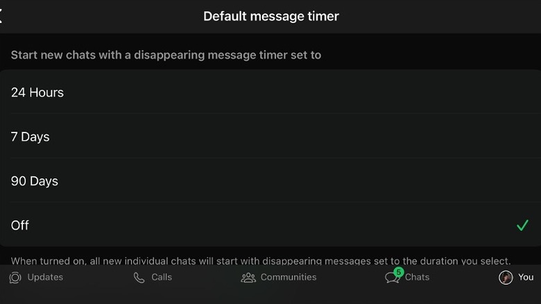 Default message timer turned off in the menu