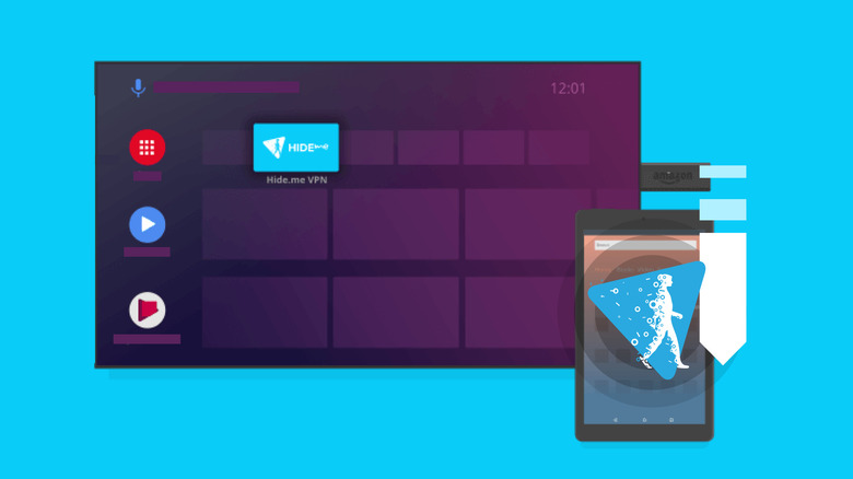 An image of the Hide.me VPN on a TV screen with the Amazon Fire Stick plugged in, next to an iPad