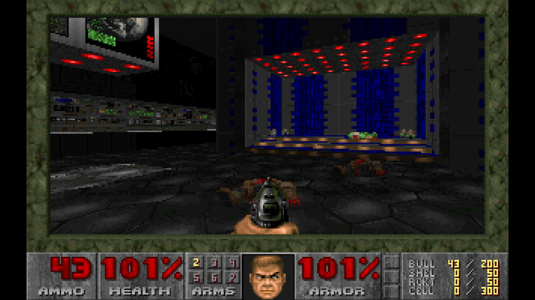 A screenshot from the game DOOM from the MS-DOS running on the DOSBOX Pure Unleashed emulator