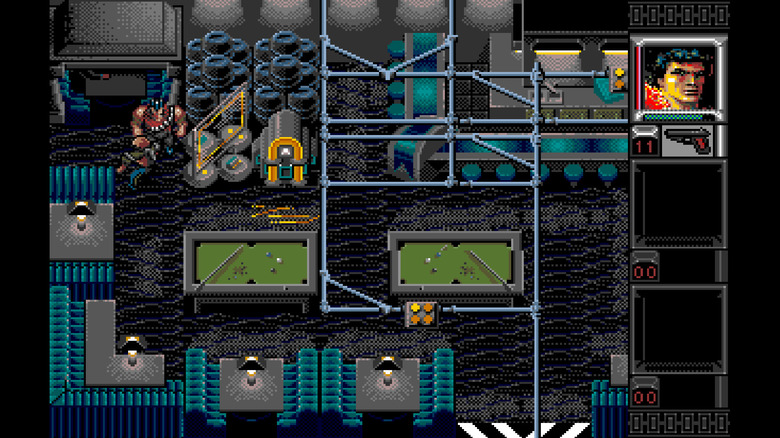 A screenshot from the game Shadowrun from the SEGA Genesis console running on the RetroArch emulator