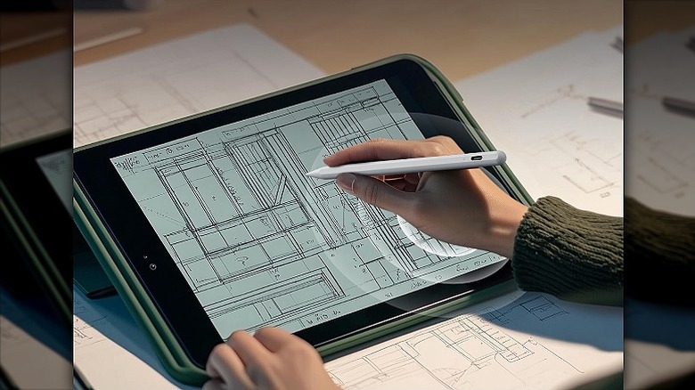 Drawing a sketch with a stylus pen on a tablet.