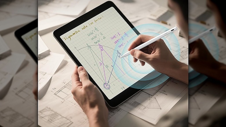 Using a stylus pen to perform mathematical calculations.