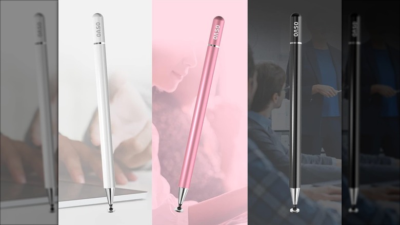 Three stylus pens of different colors.