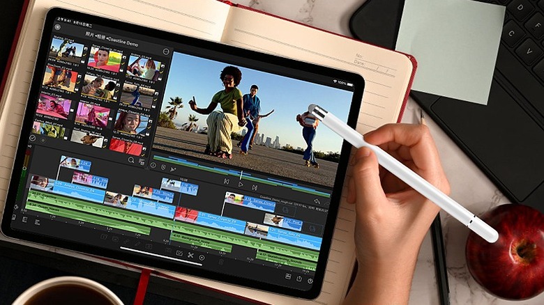 Video editing using a stylus pen on a tablet.