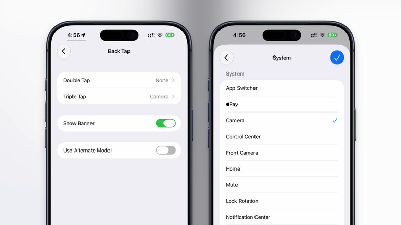 Configuring the Back Tap gesture on the iPhone.
