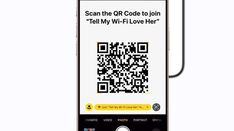 Scanning a QR code to join a Wi-Fi network on the iPhone.