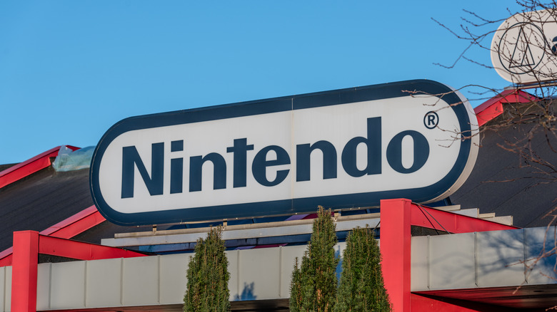 The Nintendo logo on top of a building