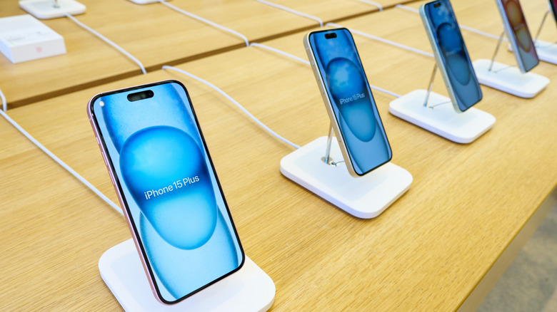 Apple iPhone 15 Plus on display in a store