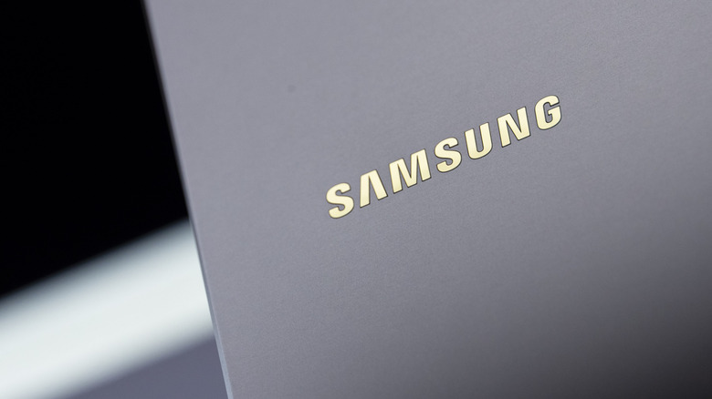 Close-up of the Samsung logo on the Galaxy Book
