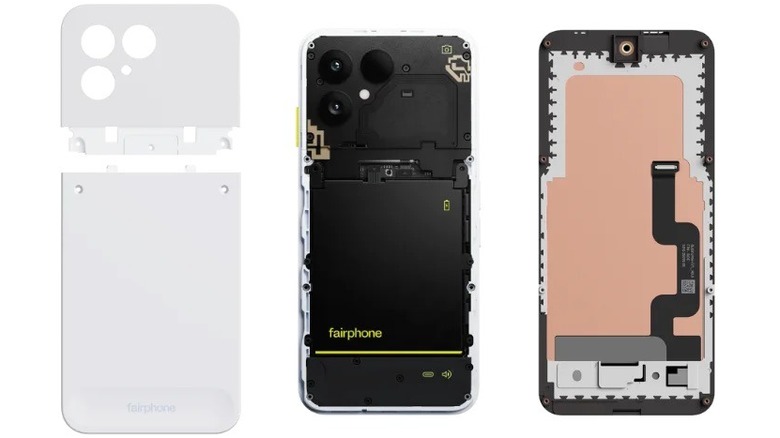 Exploded view of the white Fairphone 6 showing internals with removable battery and rear case removed