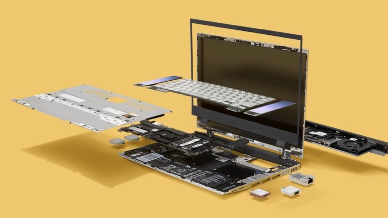 An exploded render view of the Framework 16 laptop featuring repariable components and modular parts.