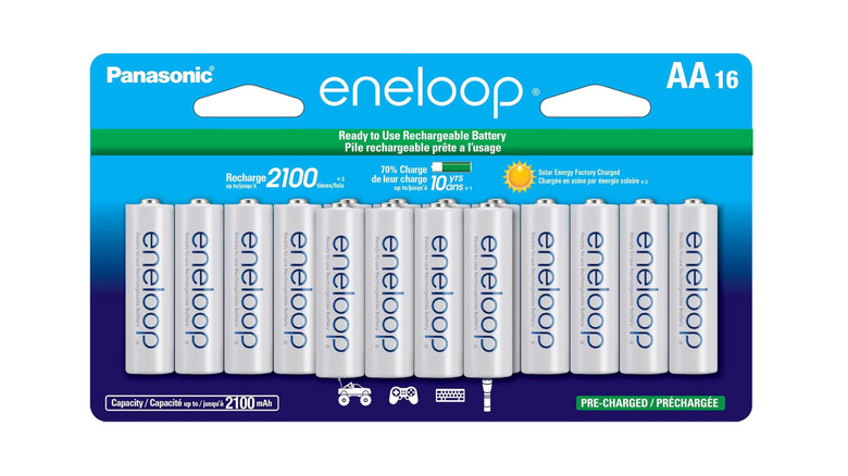 A pack fo 16 AA Eneloop batteries in product packaging with plain white background