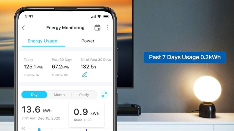 Screenshot of the Tapo app with a TV and lamp in the background, showing energy usage stats