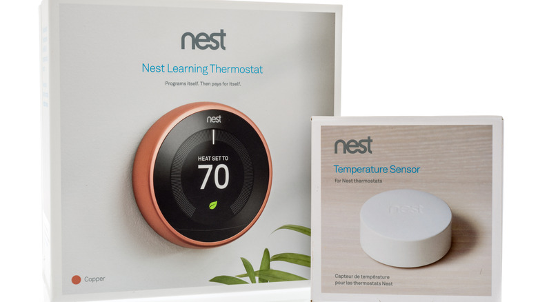 A package of Google Nest learning thermostat and Nest temperature sensor