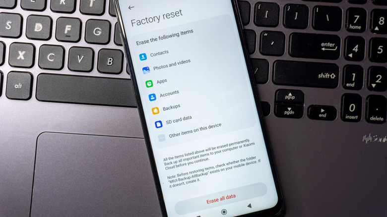 Android phone showing the factory reset settings section