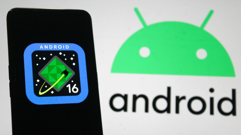 Android 16 logo on a phone screen with the Android logo in the background