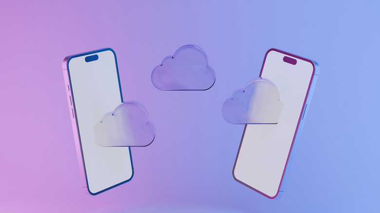 Concept image of two phones with floating cloud icons between them, symbolizing data transfer