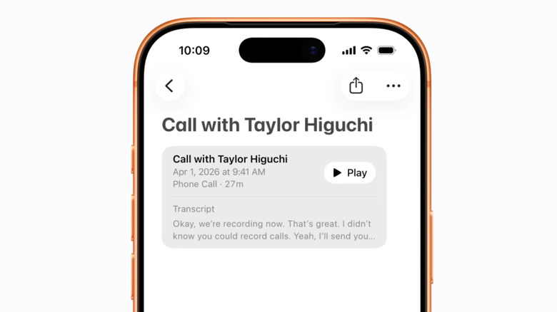 Viewing recorded call transcript in the Notes app.