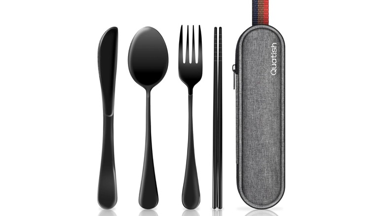 Full set of quatish cutlery with fork, spoon, and chopsticks