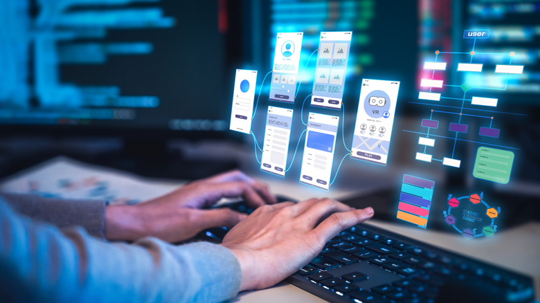 A person typing on a keyboard, with multiple icons floating over it